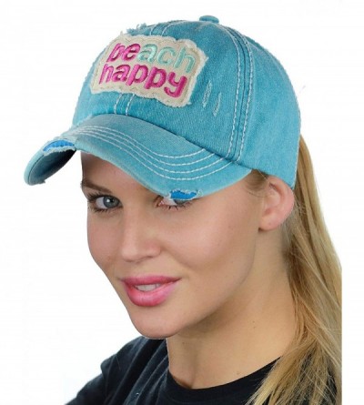 Baseball Caps Womens Distressed Vintage Unconstructed Embroidered Patched Ponytail Mesh Bun Cap - Beach Happy-turquoise - CI1...