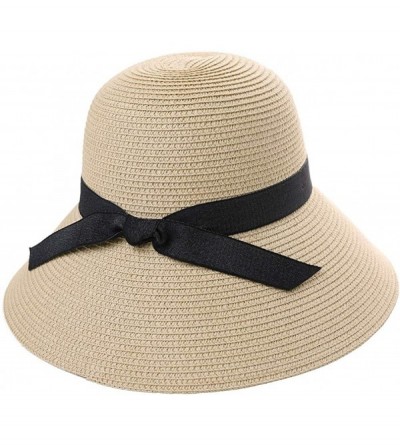 Sun Hats Packable UPF Straw Sunhat Women Summer Beach Wide Brim Fedora Travel Hat 54-59CM - 00760_beige - CO18TMY87TI $49.12