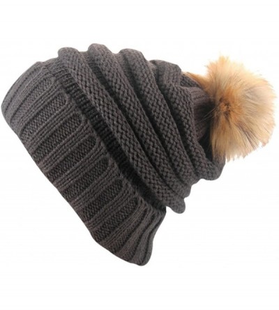 Skullies & Beanies Women's Knit Slouchy Beanie Hat with Pom Pom Fur - Grey - CH12N38G4YU $21.18