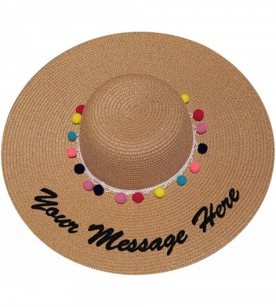 Sun Hats Custom Womens Floppy Sun Straw Hat - Embroider Your Own Words- Wide Brim - Khaki + Color Pompom - CK182AY934G $75.42