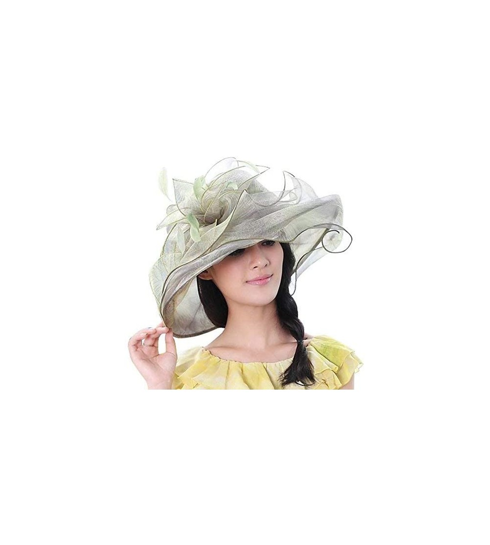 Sun Hats Women Race Hats Organza Hat with Ruffles Feathers - Light Green - CZ11OIBGRLP $21.76