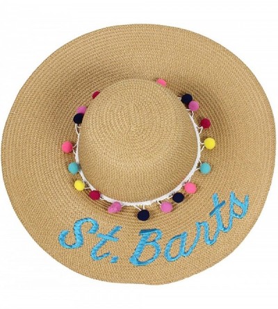 Sun Hats Custom Womens Floppy Sun Straw Hat - Embroider Your Own Words- Wide Brim - Khaki + Color Pompom - CK182AY934G $38.61