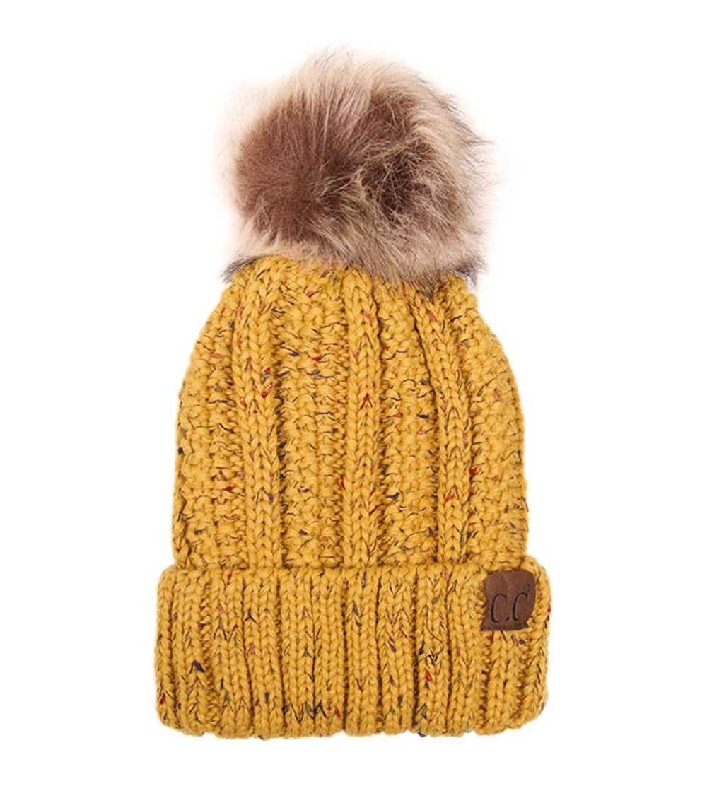 Skullies & Beanies Exclusive Knitted Hat with Fuzzy Lining with Pom Pom - Confetti Mustard - CU18G2ZXQ72 $12.82