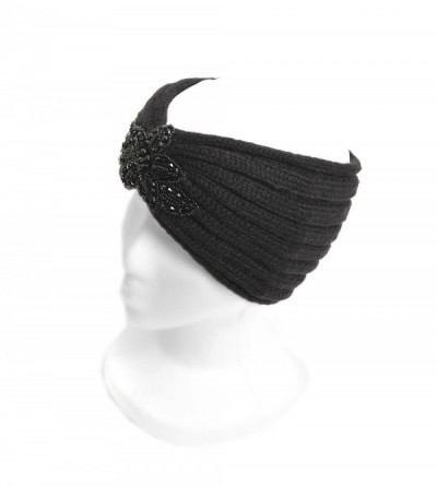 Headbands Angel Knitted Floral Black Bead Warm Headband Black Color - CL110XRFNHH $8.71