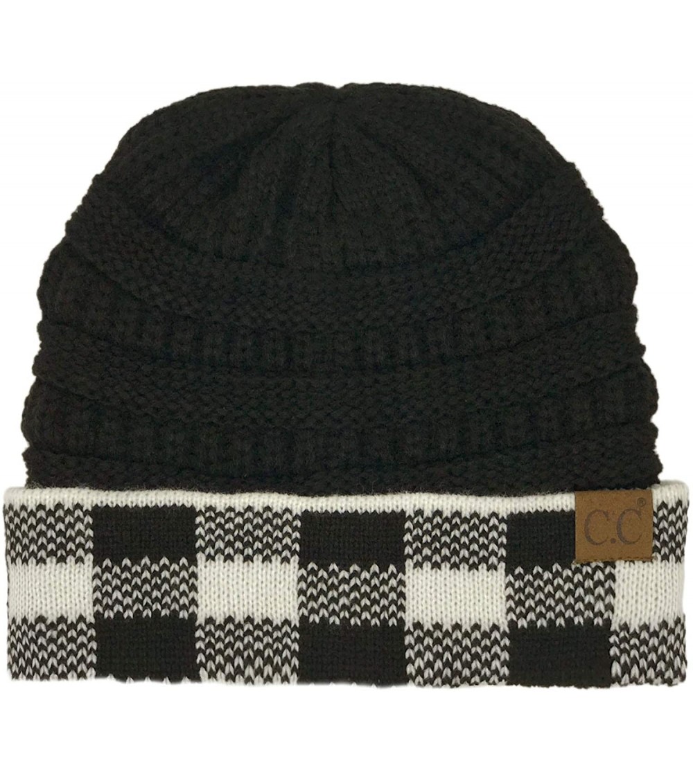 Skullies & Beanies Winter Fall Trendy Chunky Stretchy Cable Knit Beanie Hat (Buffalo Plaid Black/White) - C018YTGGY8K $14.22