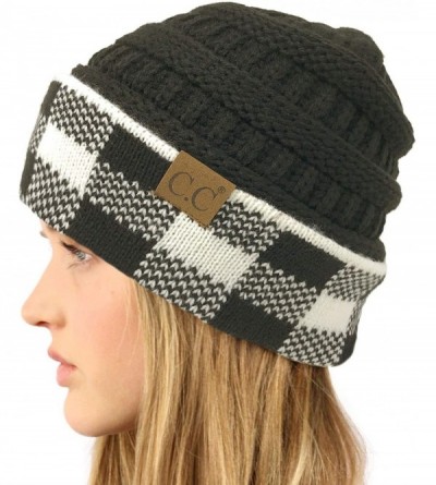 Skullies & Beanies Winter Fall Trendy Chunky Stretchy Cable Knit Beanie Hat (Buffalo Plaid Black/White) - C018YTGGY8K $14.22