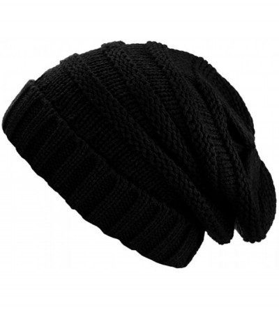 Skullies & Beanies Winter Chunky Soft Stretch Cable Knit Slouch Beanie Skully Ski Hat/Cap - Black - CM128URRCMP $12.76