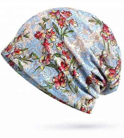 Skullies & Beanies Floral Lace Beanie Hat Chemo Cap Stretch Slouchy Turban Headwear - Flowers Sky Blue - CA18CEHZ7RN $13.15