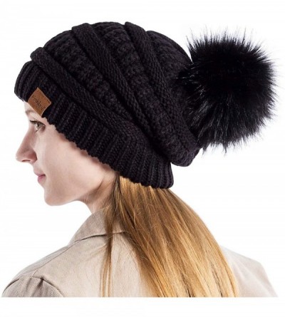 Skullies & Beanies Womens Winter Slouchy Beanie Hat- Knit Warm Fleece Lined Thick Thermal Soft Ski Cap with Pom Pom - Black&w...