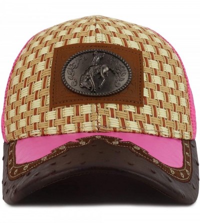 Baseball Caps Straw Design Metallic Rodeo Cowboy Horse Metal Logo Trucker Mesh Baseball Cap - Tan Pink - C218UIGRS28 $17.92