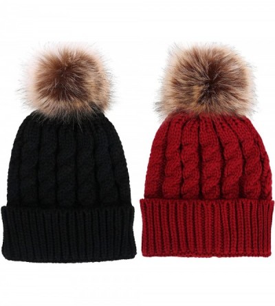Skullies & Beanies Women's Winter Soft Chunky Cable Knit Pom Pom Beanie Hats Skull Ski Cap - 2pack_black/Burgundy - CQ188AN26...