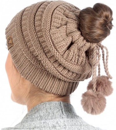 Skullies & Beanies Women's Ponytail Messy Bun Beanie Ribbed Knit Hat Cap with Adjustable Pom Pom String - Taupe - C118H4EORIH...