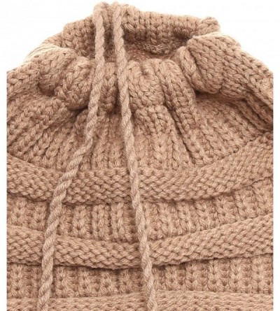 Skullies & Beanies Women's Ponytail Messy Bun Beanie Ribbed Knit Hat Cap with Adjustable Pom Pom String - Taupe - C118H4EORIH...