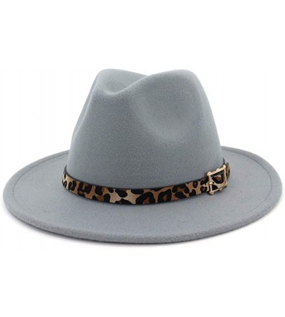 Fedoras Women's Wide Brim Felt Fedora Panama Hat with Leopard Belt Buckle - L-grey - CI18IZTWNDM $28.64