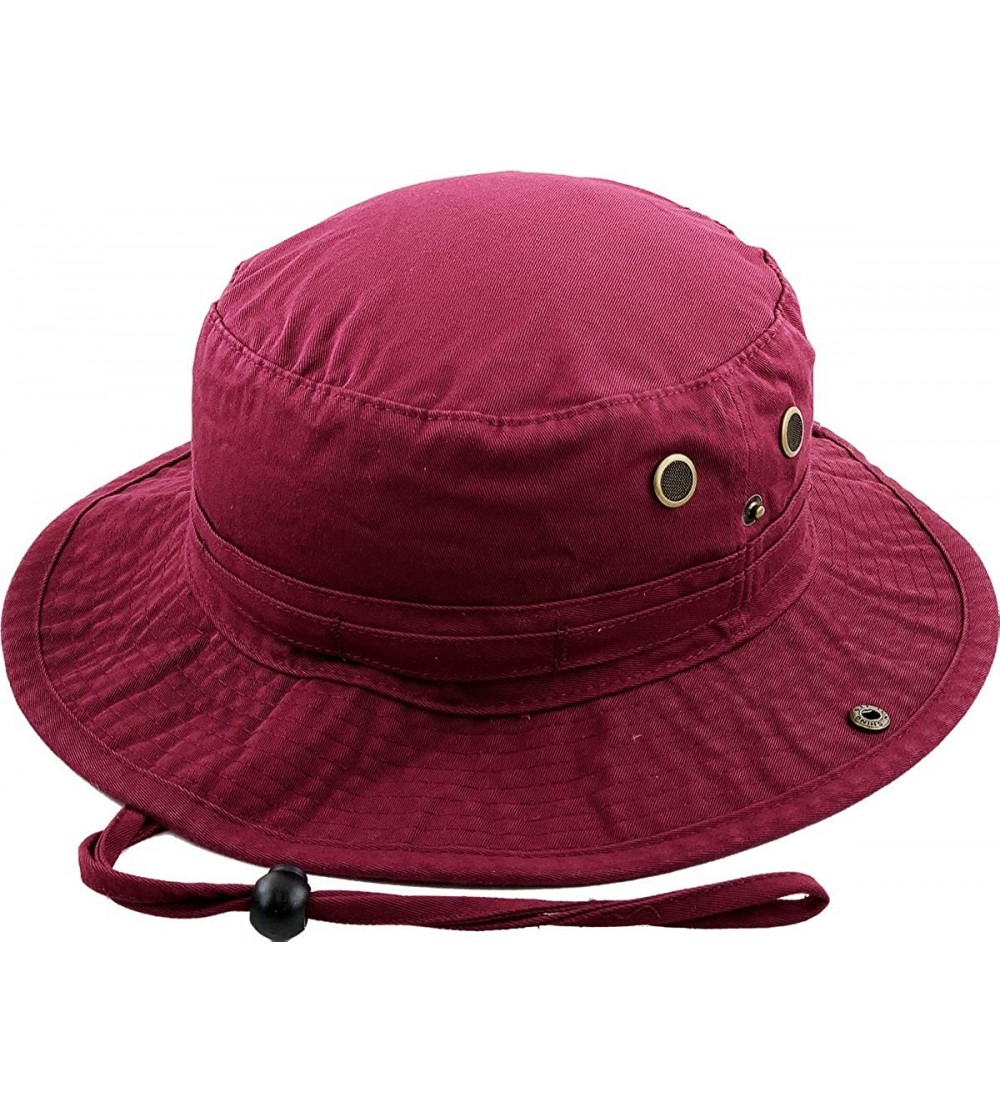 Bucket Hats Unisex Washed Cotton Bucket Hat Summer Outdoor Cap - (2. Boonie With Chin Strap) Burgundy - CB11M3OIS2Z $11.64