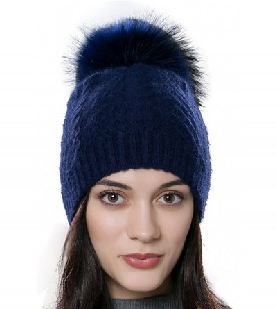 Skullies & Beanies Womens Winter Bobble Hat Unisex Wool Knit Beanie Cap with Fur Ball Pompom - Blue With Fox Fur Pompom - C91...