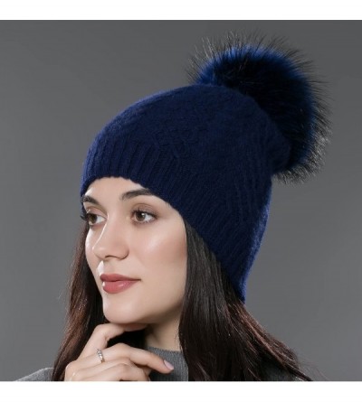 Skullies & Beanies Womens Winter Bobble Hat Unisex Wool Knit Beanie Cap with Fur Ball Pompom - Blue With Fox Fur Pompom - C91...