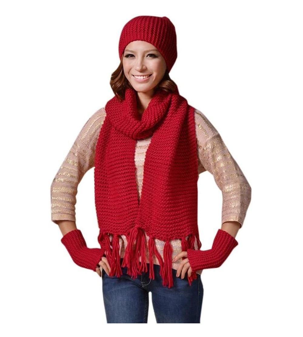 Skullies & Beanies Christmas Gift- 1Set Women Crochet Hat Fur Wool Knit Beanie Warm Cap+Scarf+Gloves Shawl Suit (Red) - Red -...