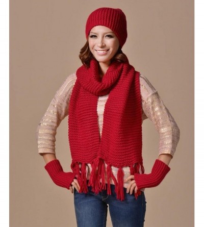 Skullies & Beanies Christmas Gift- 1Set Women Crochet Hat Fur Wool Knit Beanie Warm Cap+Scarf+Gloves Shawl Suit (Red) - Red -...