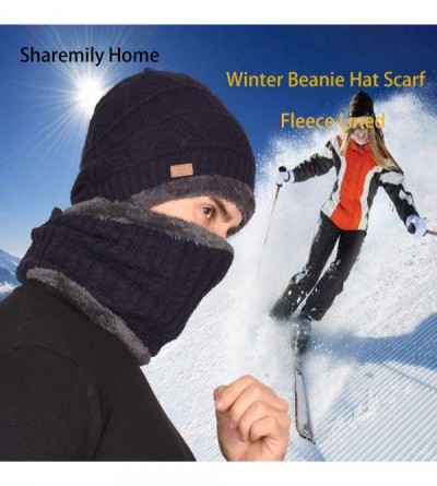 Skullies & Beanies 2-Pieces Winter Beanie Hat Scarf Set Warm Hat Thick Knit Skull Cap Fleece Lined for Men Women - Black - CF...