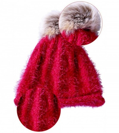 Skullies & Beanies Women/Men's Winter Fur Ball Pompom Beanie Cozy Knit Hat - 404 Red+ Free Gift - C0187WREHKE $7.52