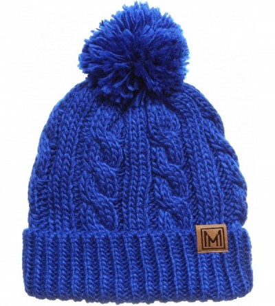 Skullies & Beanies Winter Oversized Cable Knitted Pom Pom Beanie Hat with Fleece Lining. - Royal Blue - CV18IEGMQK8 $26.59