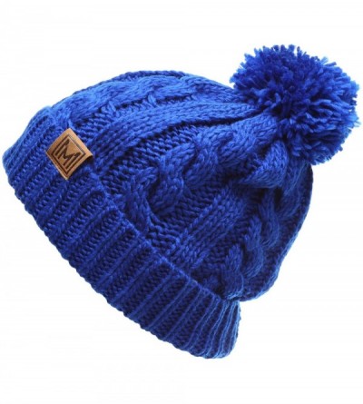 Skullies & Beanies Winter Oversized Cable Knitted Pom Pom Beanie Hat with Fleece Lining. - Royal Blue - CV18IEGMQK8 $13.13