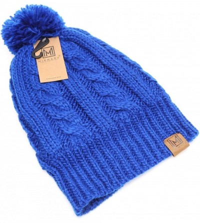 Skullies & Beanies Winter Oversized Cable Knitted Pom Pom Beanie Hat with Fleece Lining. - Royal Blue - CV18IEGMQK8 $13.13