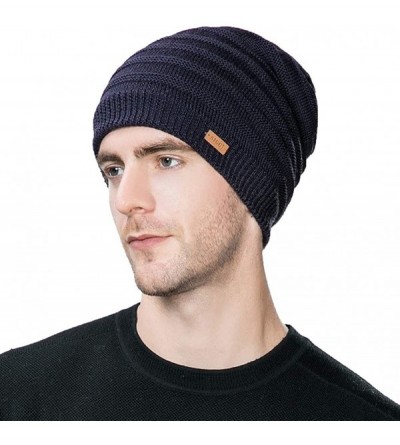 Skullies & Beanies Mens Wool Knit Slouch Beanie Hat Cap Winter Thick Two-Layer Warm - 88223-navy2 - CS18A6XNHL8 $20.32