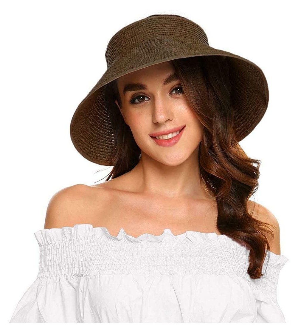 Visors Womens Sun Visor Hat- Foldable Straw Sun Hat with Cute Bowtie - Coffee - CT1943DTC9U $9.37