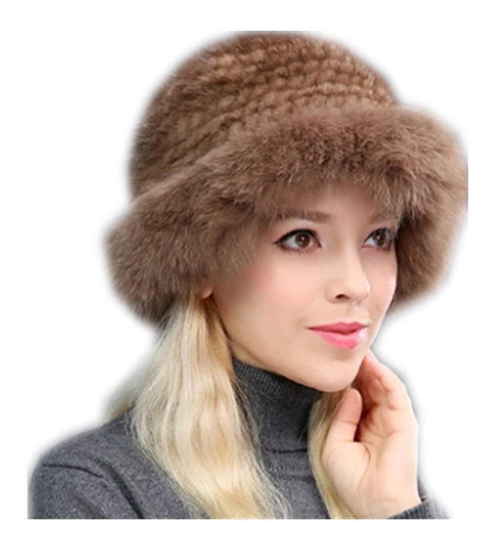 Visors Womens Winter Hat Knitted Mink Real Fur Hats Fox Brim - Coffee - C418L3NLM80 $41.53