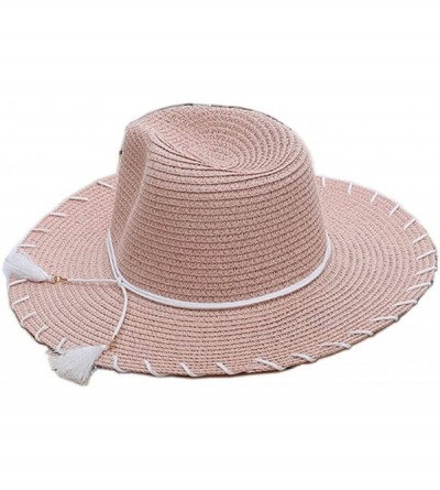 Sun Hats Women Elegant Bowknot Floppy Beach Straw Hats Wide Brim Packable Sun Cap - Tassel Pink - CE18EZNOY0G $16.91