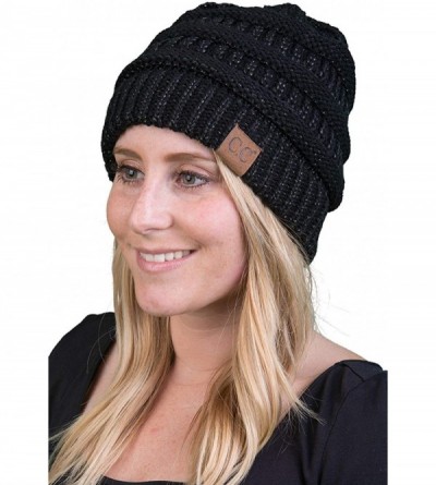 Skullies & Beanies Solid Ribbed Beanie Slouchy Soft Stretch Cable Knit Warm Skull Cap - Black - Metallic - CB182WCU562 $11.37