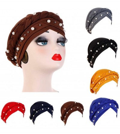 Skullies & Beanies Women Hijab Beading Pearl Braid Turban Hat Head Scarf Cancer Chemo Beanies Bandana Headwrap Cap - White - ...