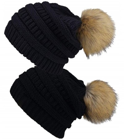 Skullies & Beanies Slouchy Winter Knit Beanie Cap Chunky Faux Fur Pom Pom Hat Bobble Ski Cap - W-black/Black 01 2pcs - CH18WK...