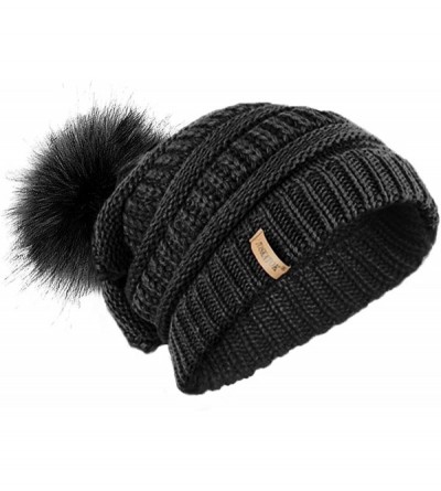 Skullies & Beanies Ladies Textured Knit Beanie HAT with Detachable Faux Fur POM POM - Black - CC12KTD9ZIH $8.95