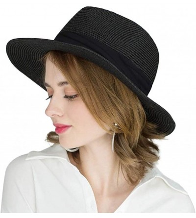 Sun Hats Women Wide Brim Straw Panama Roll up Hat Beach Sun Hat - Black - CT194EK2GOO $15.72