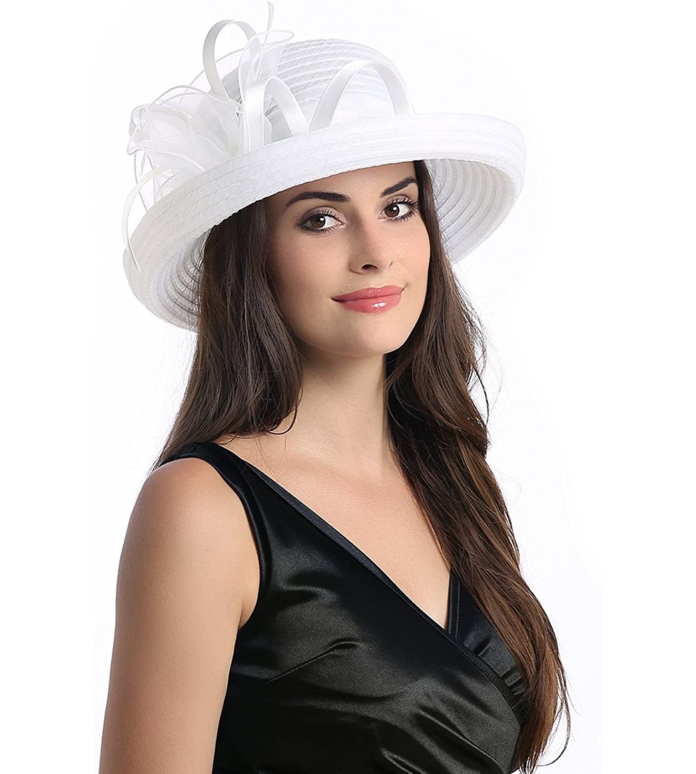 Sun Hats Lady's Organza Wide Brim Bowler Hat Kentucky Derby Church Dress Sun Hat - White - CF18GLIYOWW $19.77