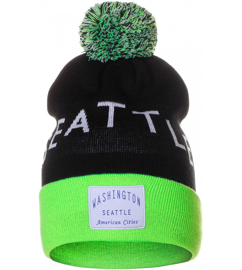 Skullies & Beanies Unisex USA Fashion Arch Cities Pom Pom Knit Hat Cap Beanie - Seattle Black Neon Green - CM12N8YEKE6 $11.56
