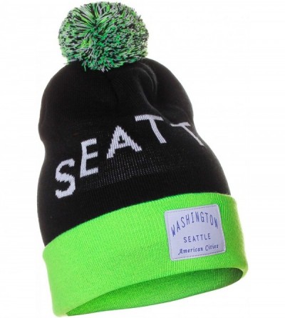 Skullies & Beanies Unisex USA Fashion Arch Cities Pom Pom Knit Hat Cap Beanie - Seattle Black Neon Green - CM12N8YEKE6 $11.56