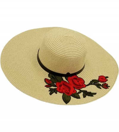 Sun Hats Sun Hats for Women- Woven Floppy Beach Woven Summer Spring Straw Hat - Applique Rose - Tan - C518E64AQGU $17.77