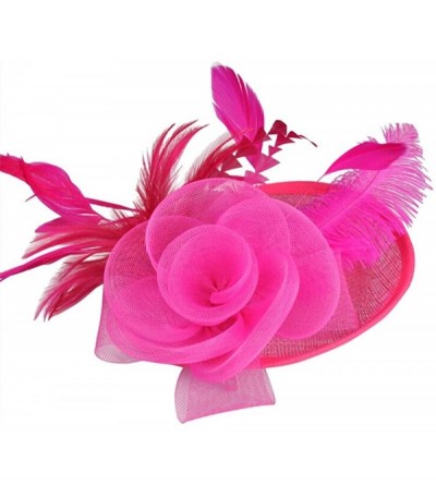 Baseball Caps Fascinators Hat Feather Mesh Flower Net Veil Party Hat Cocktail Derby Hat - Hot Pink - CR18DAEAQRA $11.11