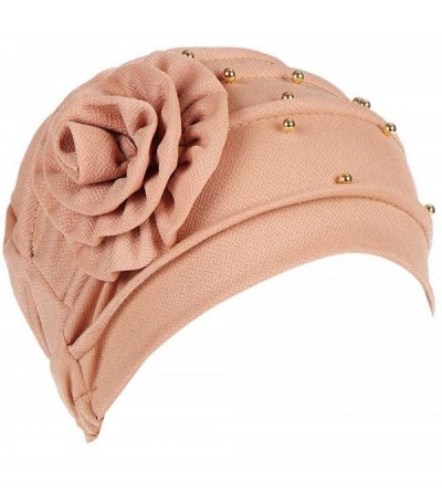 Newsboy Caps Women Beading India Hat Muslim Ruffle Cancer Chemo Beanie Floral Turban W - Khaki - CT18LD4QTMO $8.52