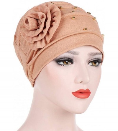 Newsboy Caps Women Beading India Hat Muslim Ruffle Cancer Chemo Beanie Floral Turban W - Khaki - CT18LD4QTMO $8.52