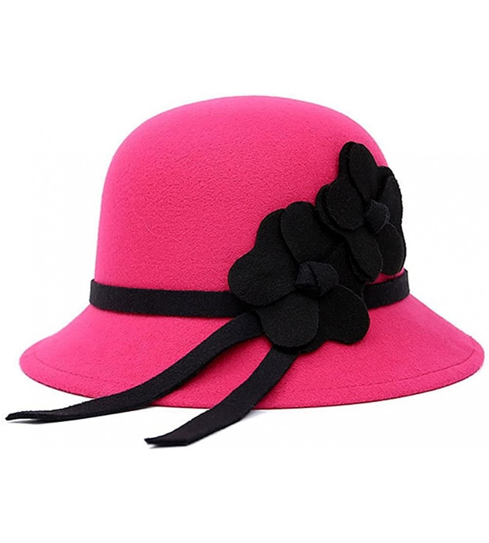 Bucket Hats Flower Faux Wool Felt Cloche Bucket Bowler Hat for Women Church Hats Autumn Spring Winter - Rose Red - C517YE7S66...