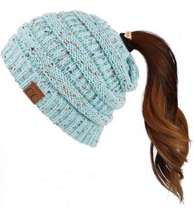 Skullies & Beanies Ribbed Confetti Knit Beanie Tail Hat for Adult Bundle Hair Tie (MB-33) - Mint - CO18SI06H0D $14.34
