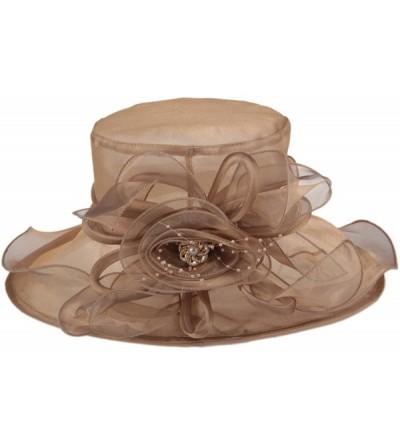 Sun Hats Women's Wide Brim Floral Organza Kentucky Derby Hat Tea Party Church Wedding Hat - Khaki - CR18DEE7G3E $16.11