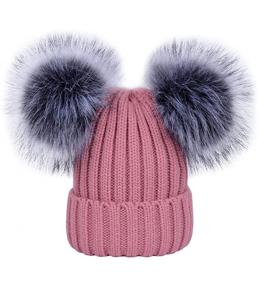 Skullies & Beanies Women's Winter Ribbed Knitted Beanie Hat with Double Faux Fur Pom Pom - Dark Pink - C61897QKMH6 $14.30