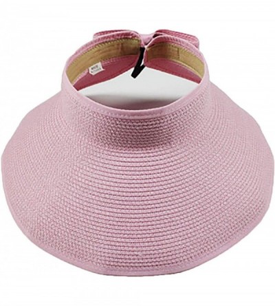Visors Women's Summer Foldable Straw Sun Visor w/Cute Bowtie UPF 50+ Packable Wide Brim Roll-Up Visor Beach Hat - Pink - C218...