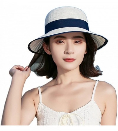 Sun Hats Women Elegant Bowknot Floppy Beach Straw Hats Wide Brim Packable Sun Cap - Stripe White - C918EZO6Z99 $12.68